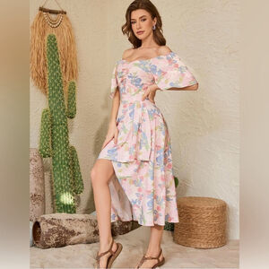 NEW Bridesmay Floral Short Sleeve Flowy Wedding Guest Square Neck Midi Dress XL